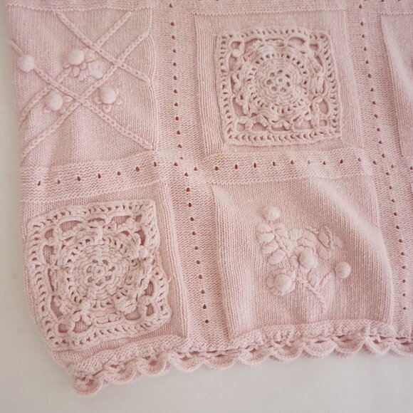 Vintage Exclusive Imports Pink Knit Embroidered Floral Pom Pom Crew Sweater M - Picture 7 of 12
